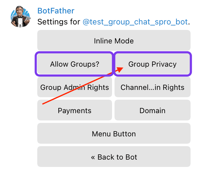 BotFather settings menu with Allow Groups and Group Privacy highlighted