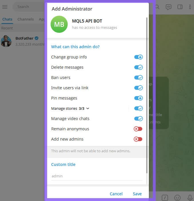 Telegram Desktop Add Administrator dialog with visible rights and Save
