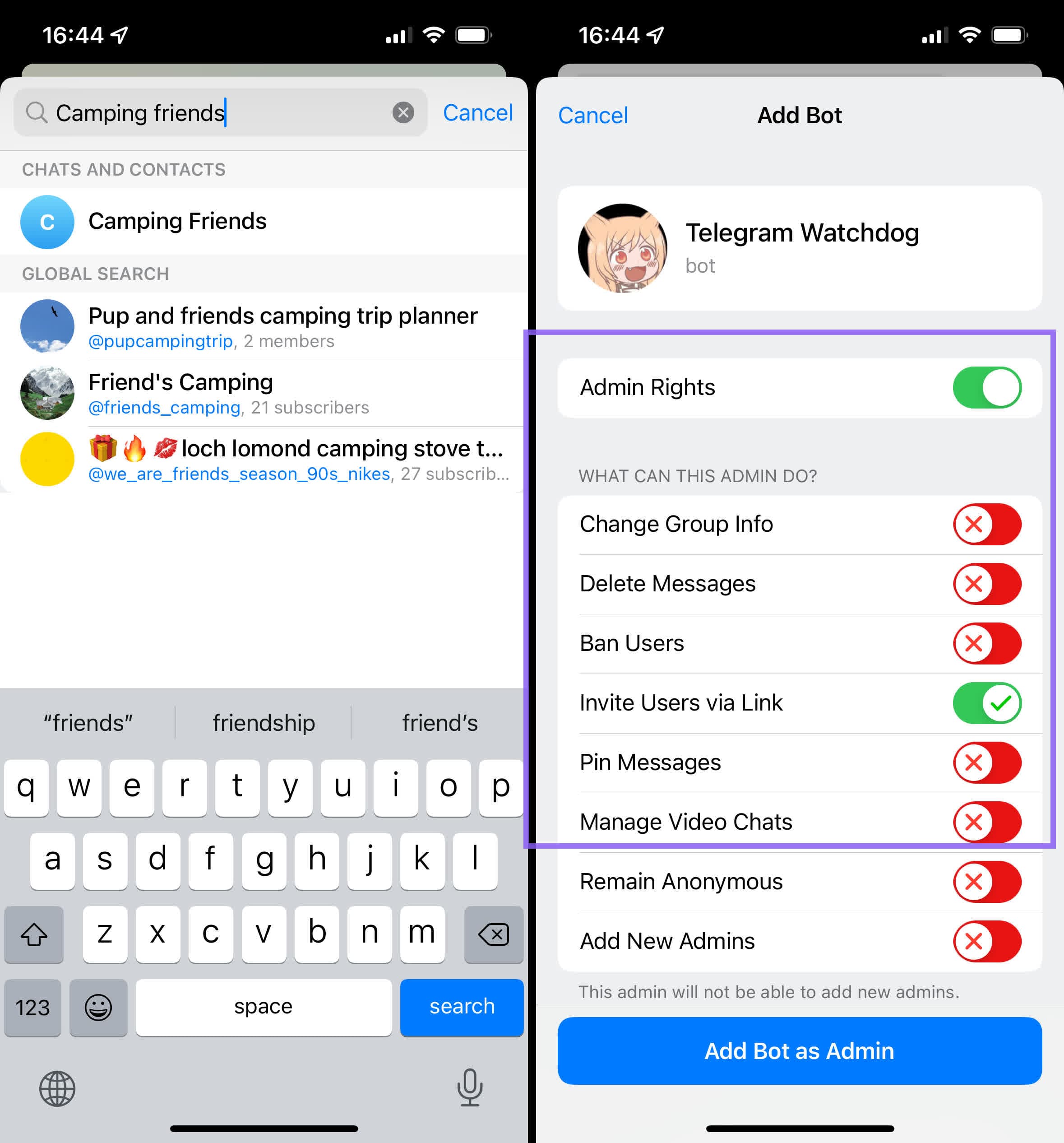 iPhone Telegram Add Bot screen with Admin Rights and individual rights