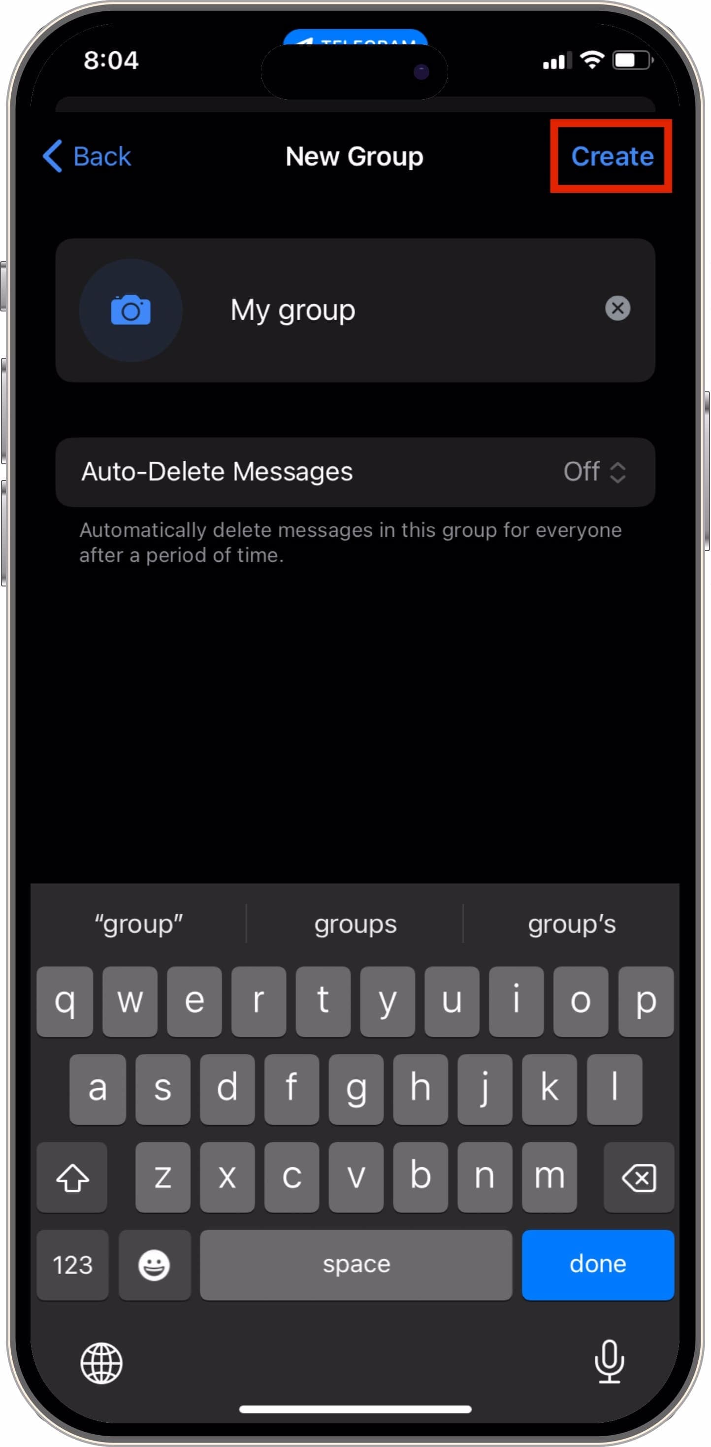 iPhone Telegram New Group screen with Create highlighted