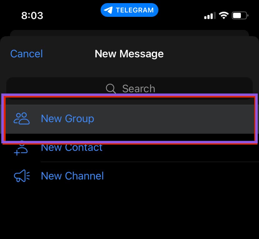 iPhone Telegram New Message screen with New Group highlighted