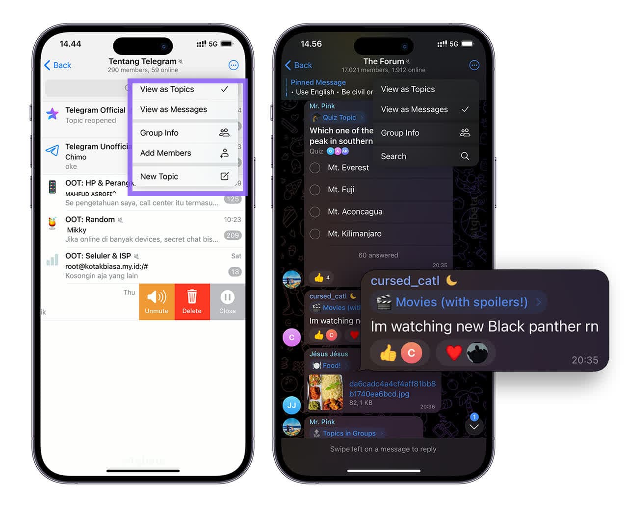 iPhone Telegram group menu with View as Topics and New Topic