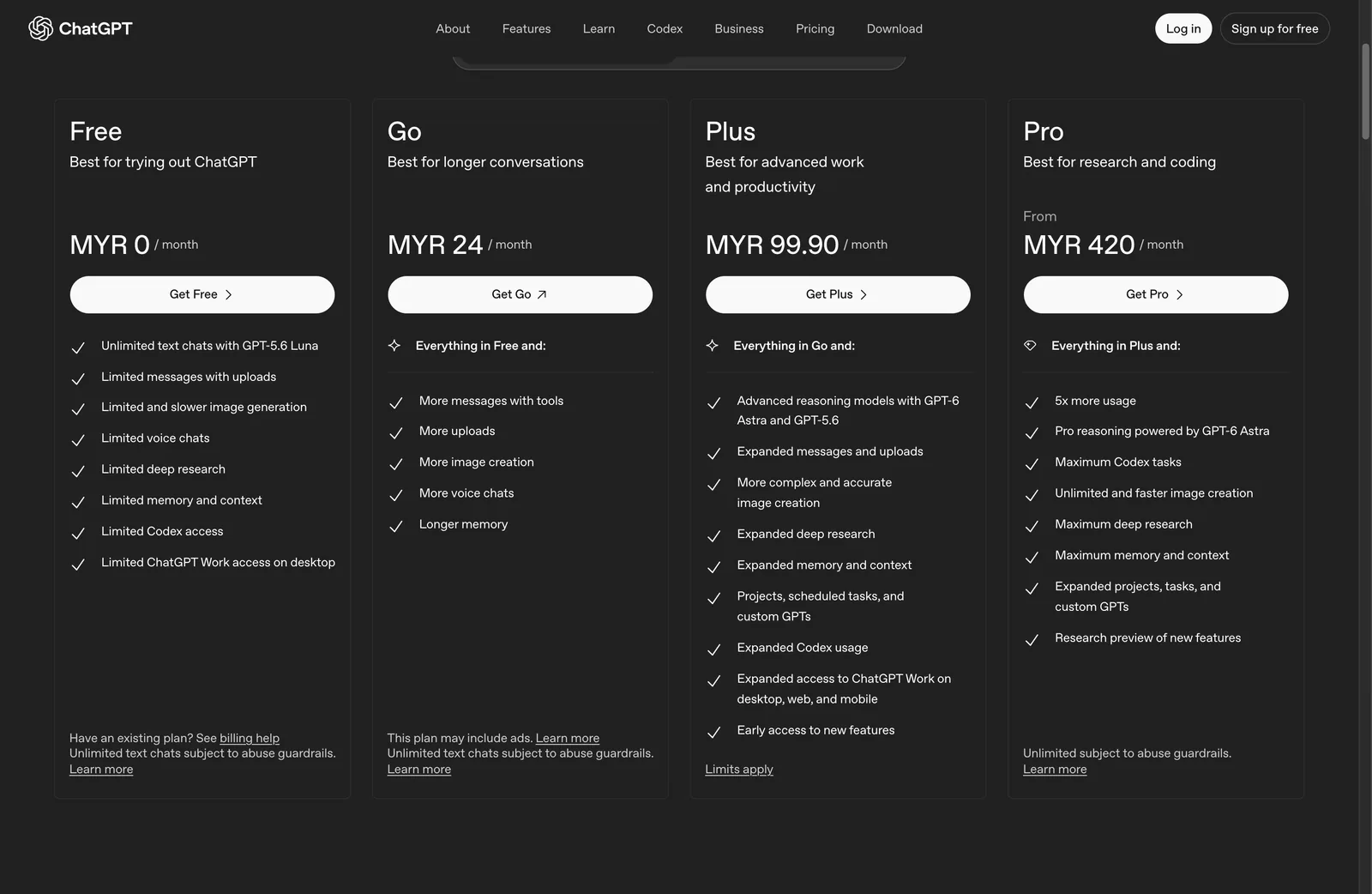 ChatGPT 价格页面，Plus 方案显示每月 MYR 99.90