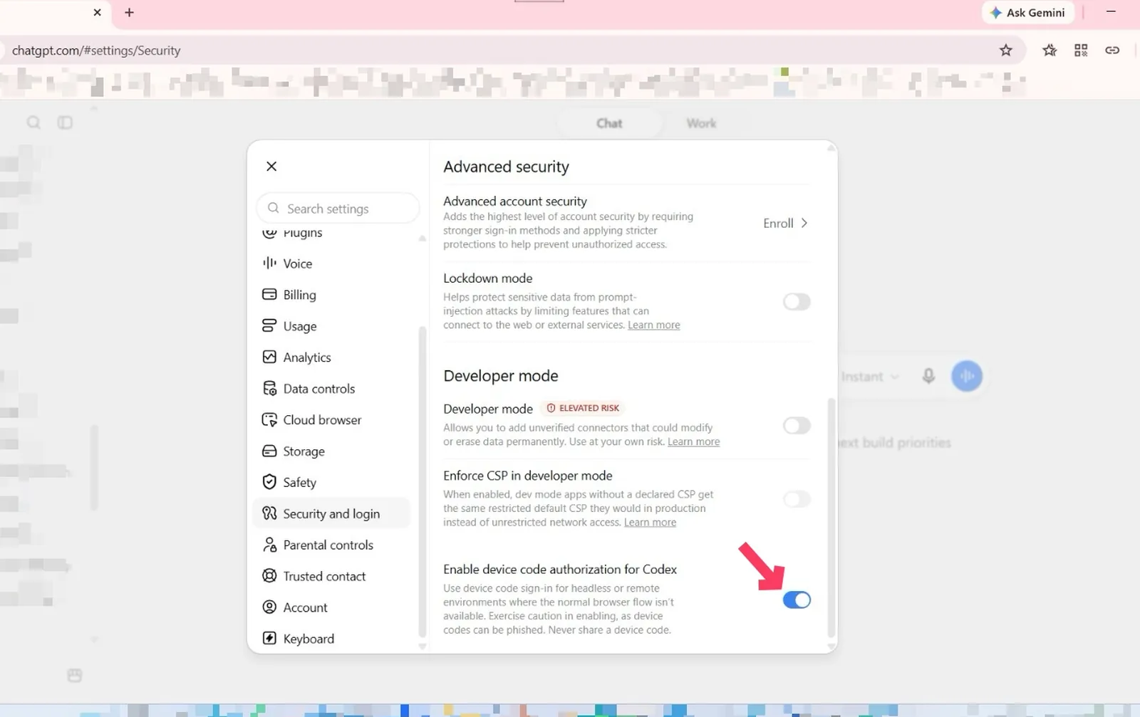 ChatGPT 安全设置中，Enable device code authorization for Codex 已经打开