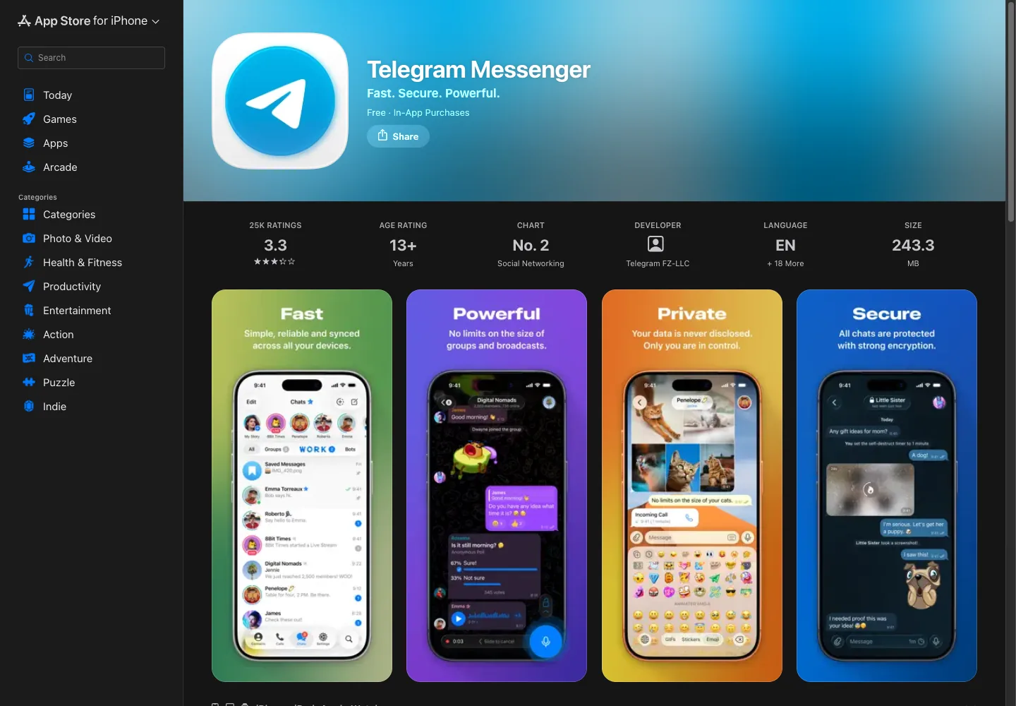 马来西亚 App Store 中的 Telegram Messenger 页面，显示 Get（获取）按钮
