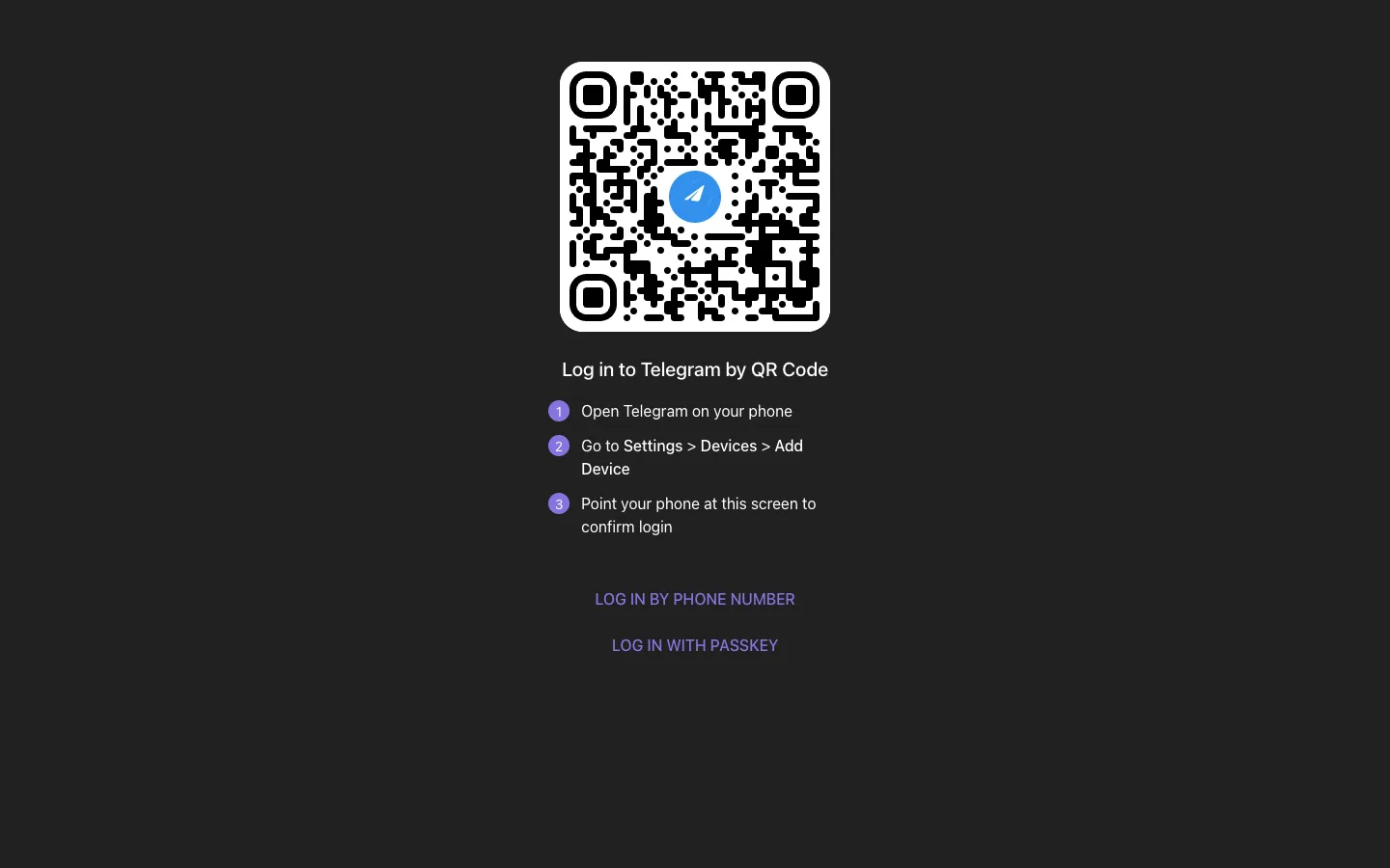 Telegram Desktop 显示二维码（QR code），以及 Log in to Telegram by QR Code（通过二维码登录 Telegram）字样