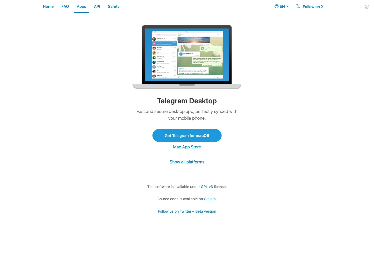 Telegram Desktop 下载页面，显示 macOS、Windows 和 Linux 按钮