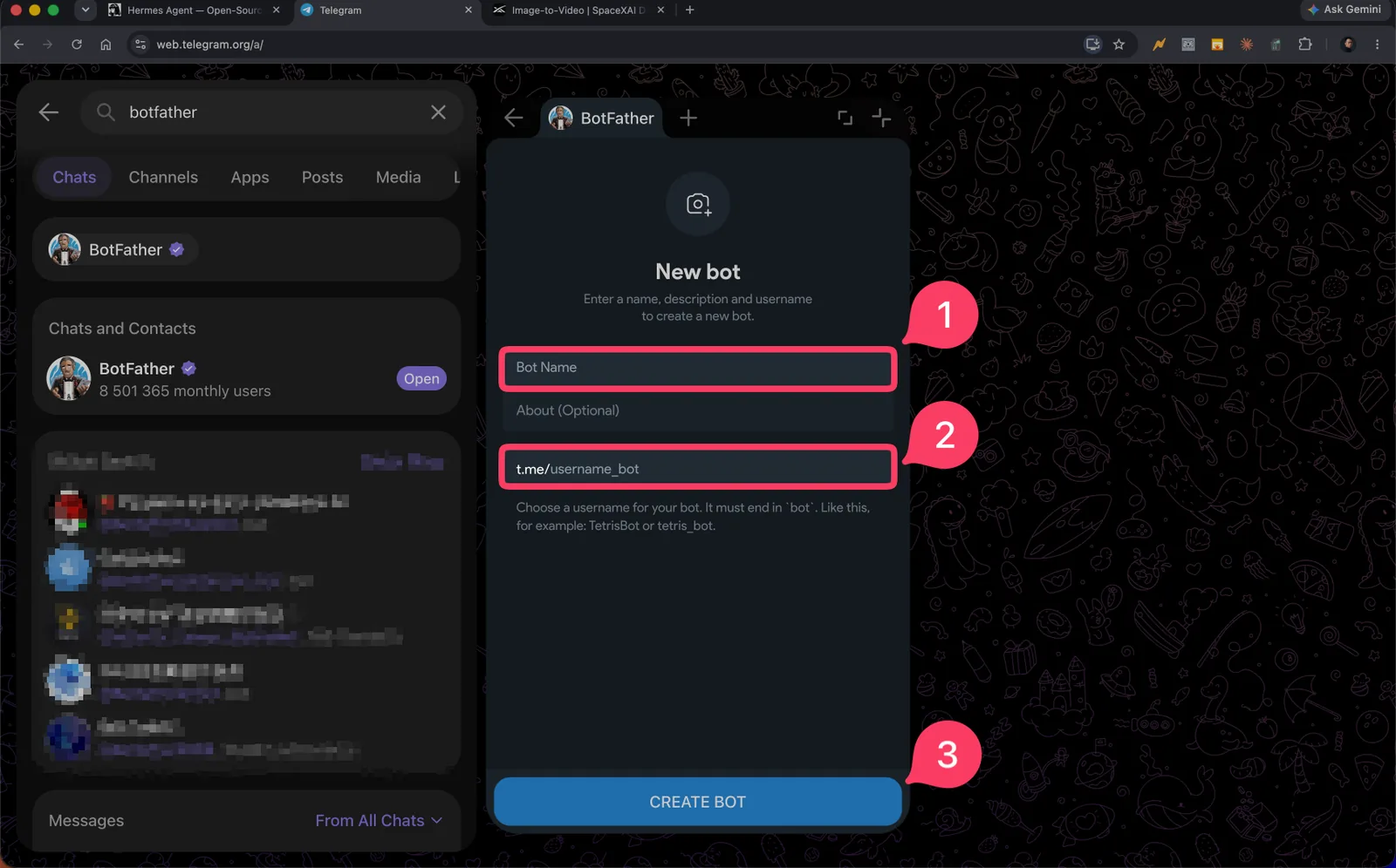 Telegram 的 New bot（新机器人）页面，显示机器人名称和用户名的输入栏