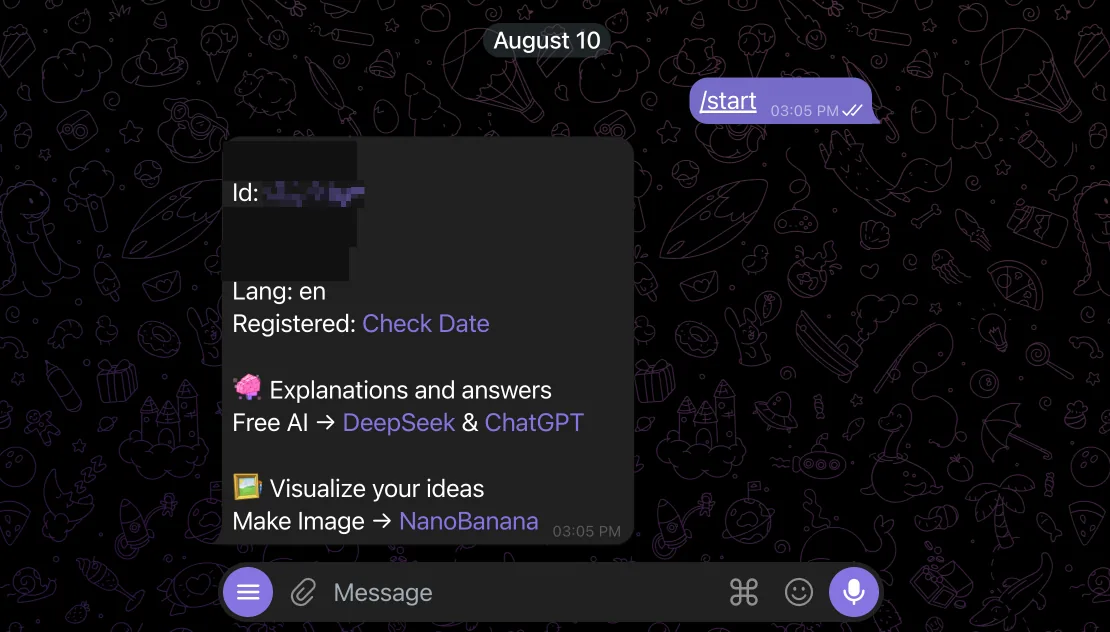来自 userinfobot 的回复，其中一行以 Id 开头，后面跟着一个数字