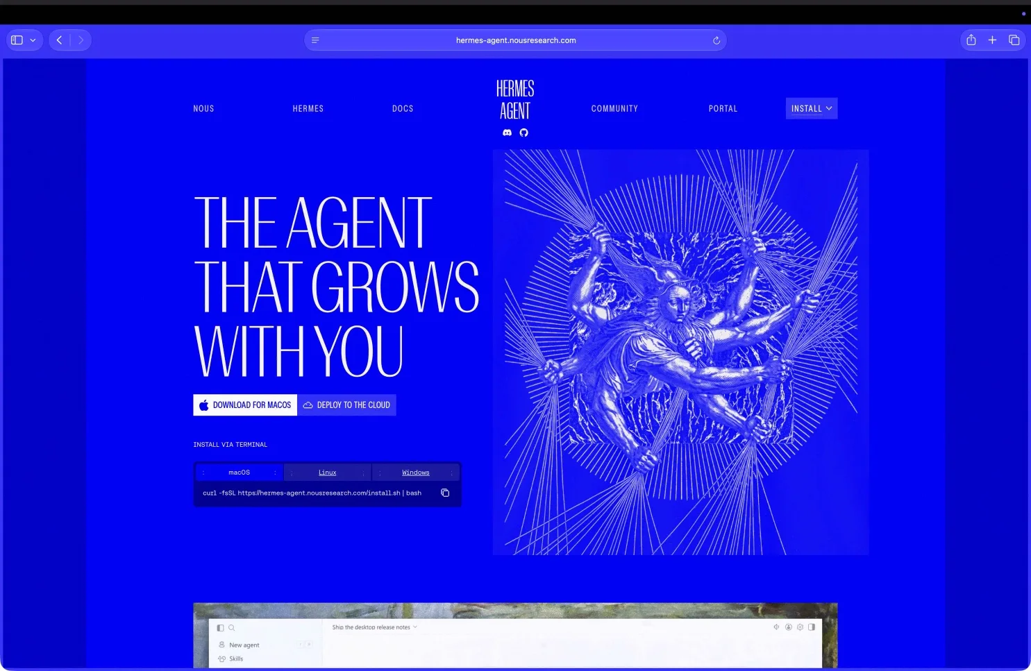Hermes 官方网站。页面有 macOS 下载按钮。
