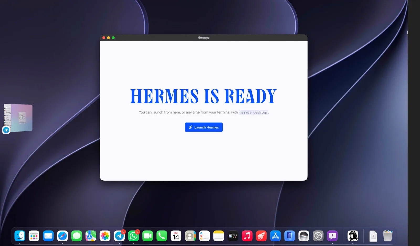 安装完成画面。显示 HERMES IS READY，并有 Launch Hermes 按钮。