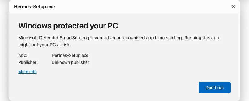 Windows SmartScreen 警告写着 Windows protected your PC，并有 More info 链接。
