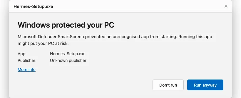 点击 More info 后的 SmartScreen 警告。显示 Run anyway 按钮。