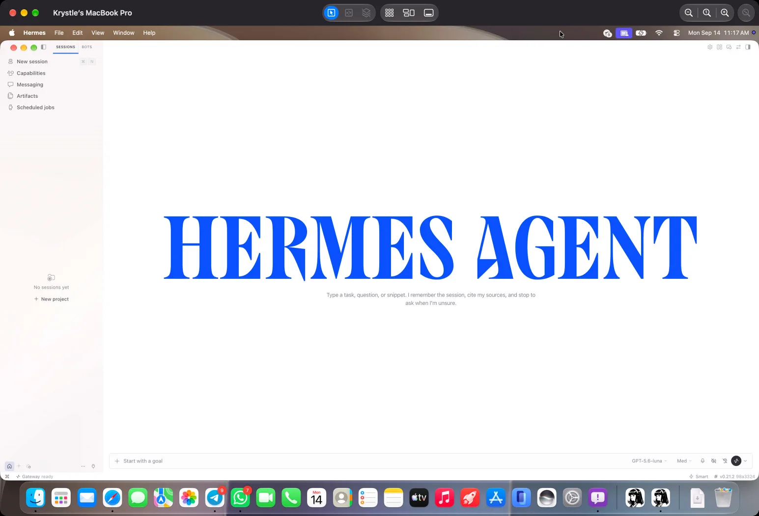 Hermes 工作区，左下角显示 Gateway ready