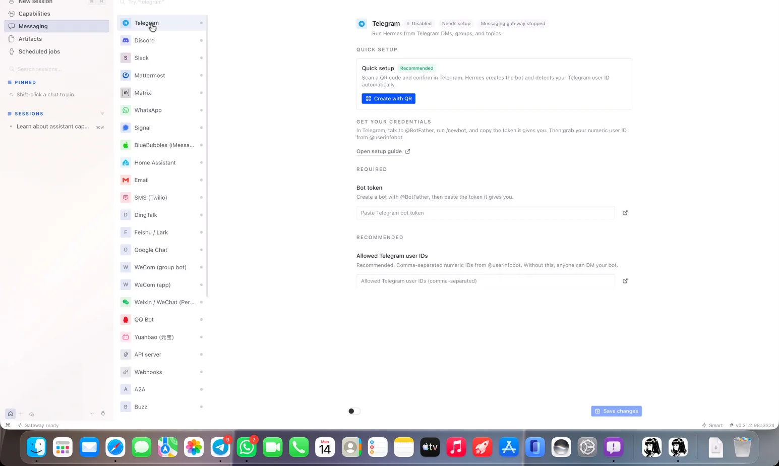 Hermes 的消息设置，已选中并关闭 Telegram 面板