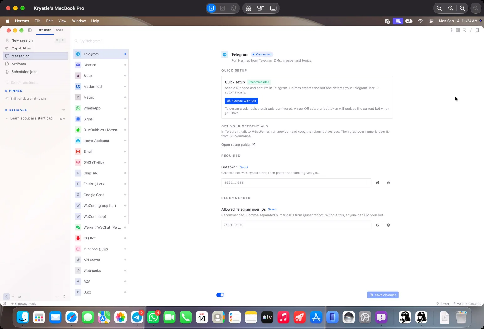 Hermes 的 Telegram 设置面板显示 Connected，栏位已填好